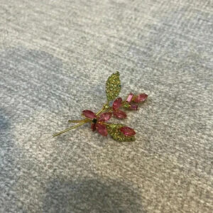 Vintage pink and green floral, stem rhinestone brooch
